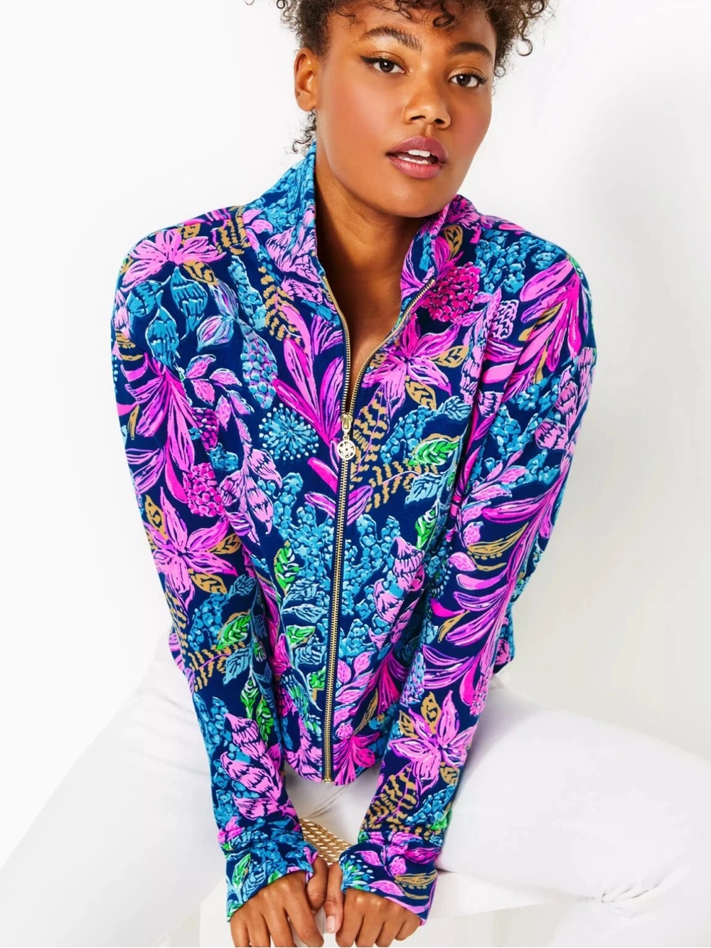 Lilly Pulitzer Wrenley Zip-Up Floral Jacket Aegean Navy Calypso Coast Size XL - Picture 2 of 14